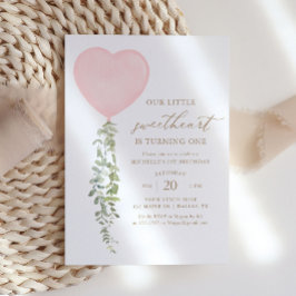 Rosa Heart Balloon Eucalyptus Girl Birthday Inbjudningar