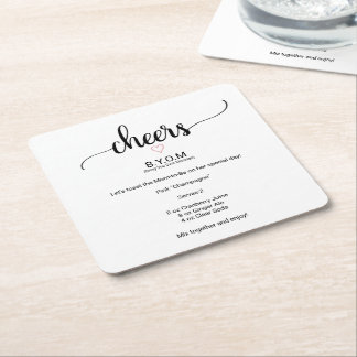 Rosa Heart Black Calligraphy Baby Shower Mocktail Underlägg Papper Kvadrat