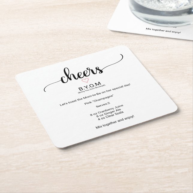 Rosa Heart Black Calligraphy Baby Shower Mocktail Underlägg Papper Kvadrat (Vinklad)