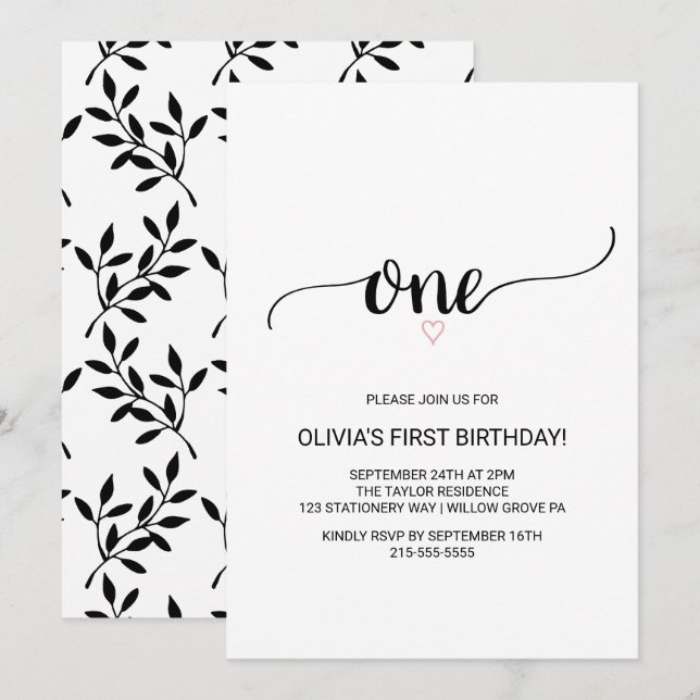 Rosa Heart | Black Calligraphy First Birthday Inbjudningar (Fram/baksida)