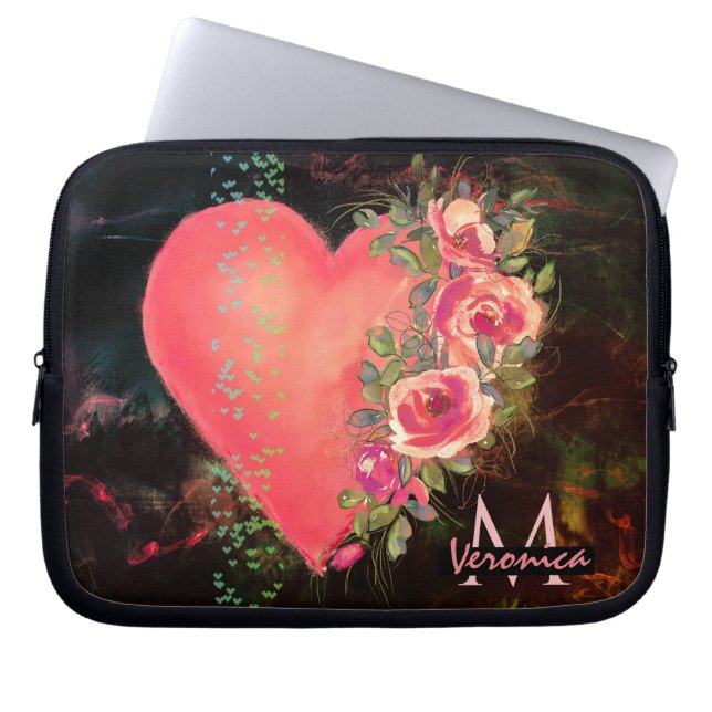 Rosa Heart blommigt Monogrammed laptop sleeve (Framsidan)