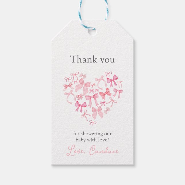 Rosa Heart Bow Baby Shower tack vare gästförmånen Presentetikett (Framsidan)