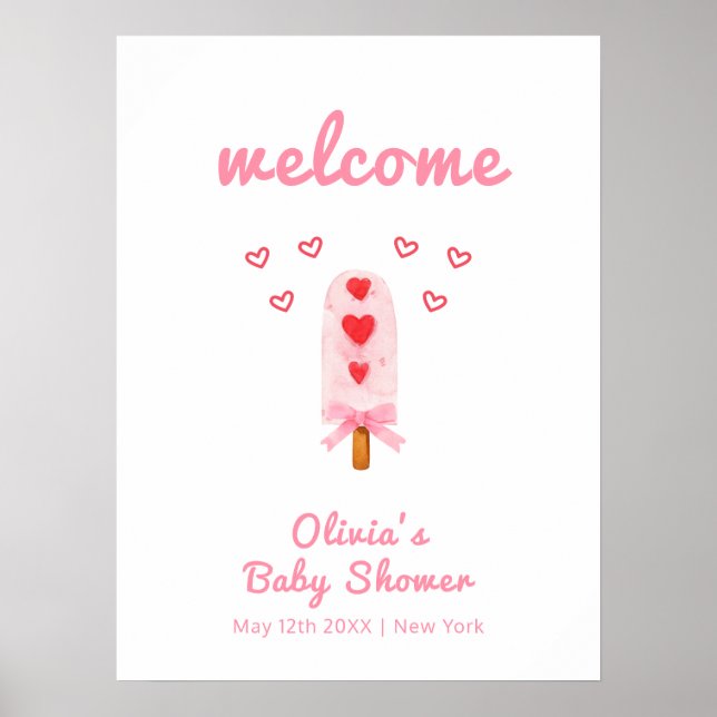 Rosa Heart Bow Ice Cream Pop Baby Shower Välkommen Poster (Framsidan)