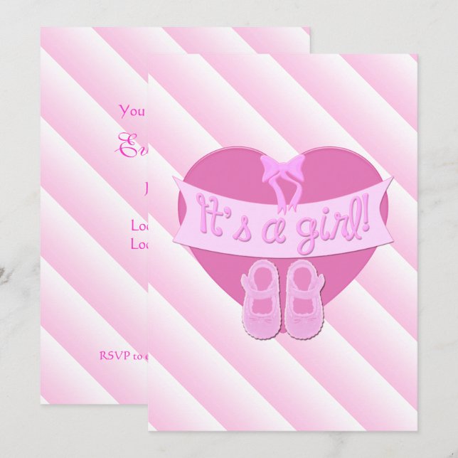 Rosa Heart Bow Shower Baby Shower Inbjudan (Fram/baksida)