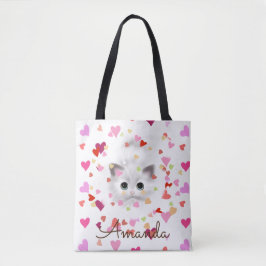 Rosa Heart Confetti White Kitten Tote Bag Tygkasse