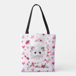 Rosa Heart Confetti White Kitten Tote Bag Tygkasse