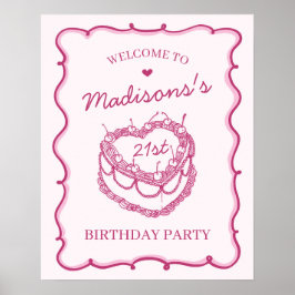 Rosa Heart Coquette Cherry Cake Birthday Välkommen Poster