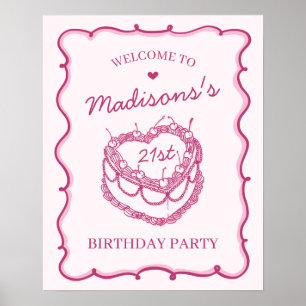 Rosa Heart Coquette Cherry Cake Birthday Välkommen Poster