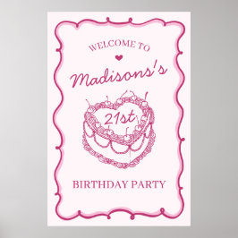 Rosa Heart Coquette Cherry Cake Birthday Välkommen Poster