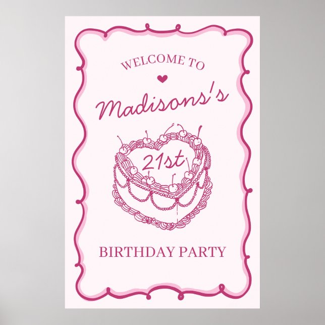 Rosa Heart Coquette Cherry Cake Birthday Välkommen Poster (Framsidan)