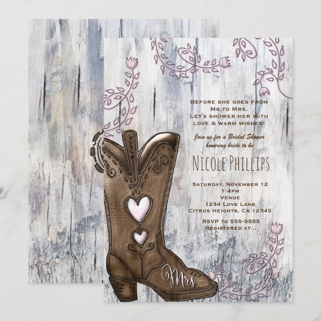 Rosa Heart Cowgirl MRS Cowgirl Boots Möhippa Inbjudningar (Fram/baksida)