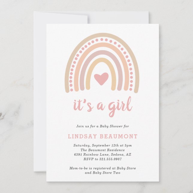 Rosa Heart Cute Girl Boho Rainbow Baby Shower Inbjudningar (Framsida)
