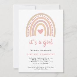 Rosa Heart Cute Girl Boho Rainbow Baby Shower Inbjudningar