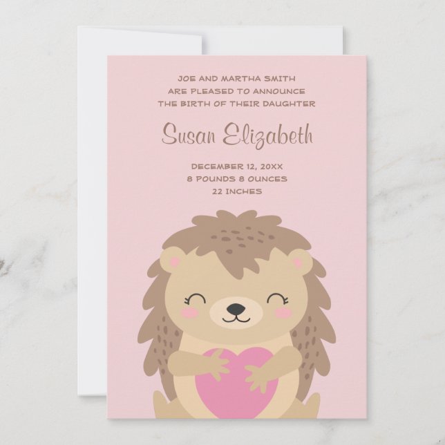 Rosa Heart Cute Hedgehog Tecknad Birth Meddelande (Framsida)