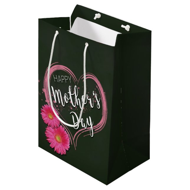 Rosa Heart Flowers Mors dag - Medel Gift Bag (Framsidan Vinklad)