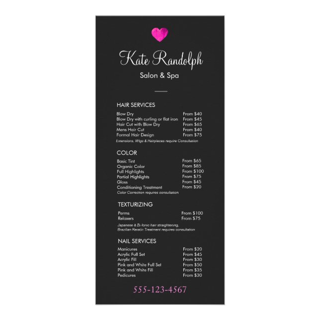 Rosa Heart Hair Salon Black Pris List Menu Reklamkort (Framsidan)