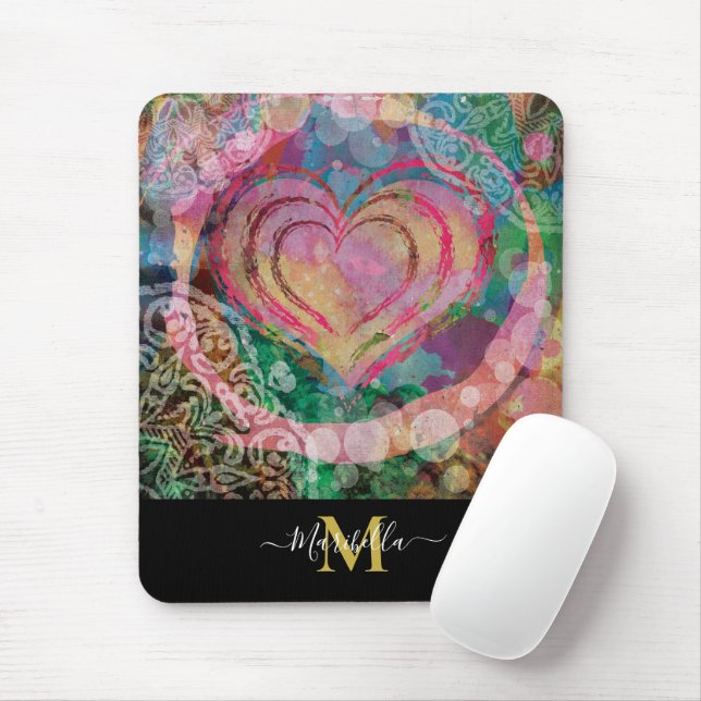 Rosa Heart Kärlek Mandala personalize Monogram Boh Musmatta (Med mus)