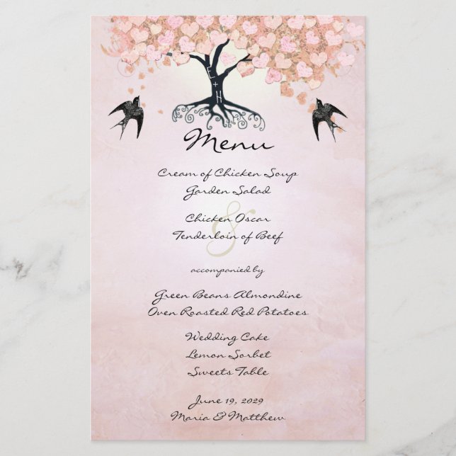 Rosa Heart Löv Träd Bröllop Menu (Framsida)