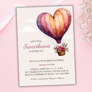 Rosa Heart Luftballong Girl Baby Shower Inbjudningar