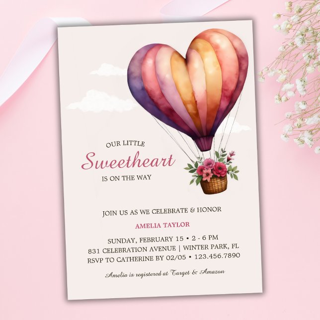 Rosa Heart Luftballong Girl Baby Shower Inbjudningar (Pink Heart Hot Air Balloon Girl Baby Shower Invitation)