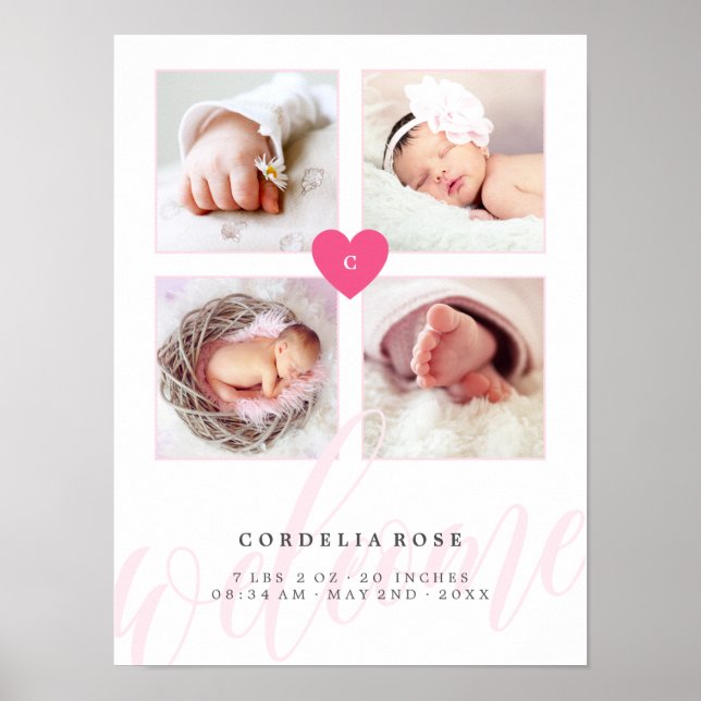 Rosa Heart Monogram Baby Photo Collage Poster (Framsidan)