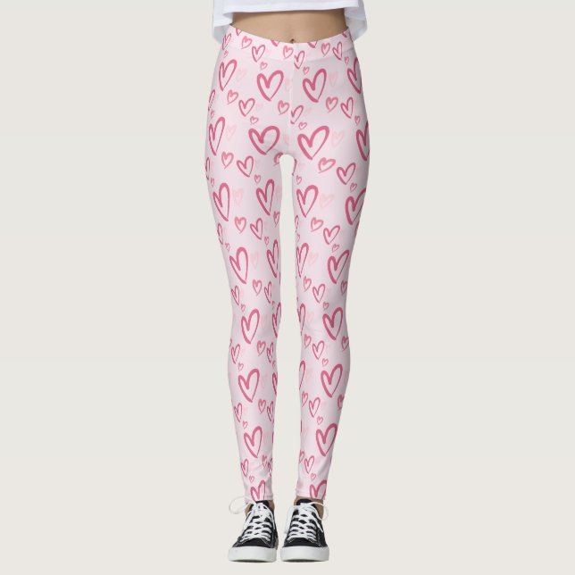 Rosa Heart Mönster Cute Valentine leggings (Framsida)