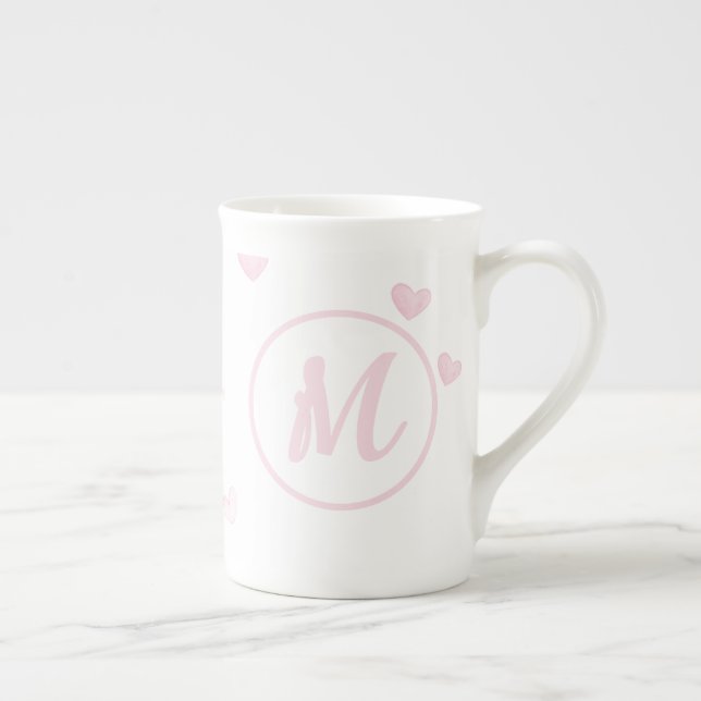 Rosa Heart Mönster Girly Romantic Monogrammed Benporslin Mugg (Höger)