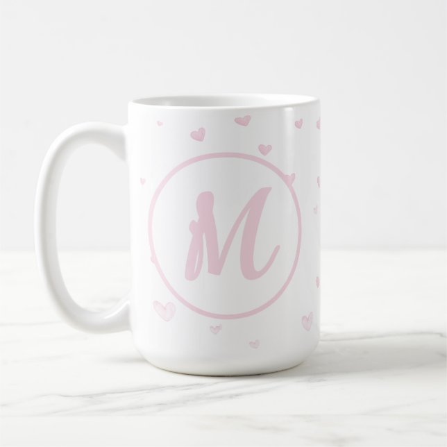 Rosa Heart Mönster Girly Romantic Monogrammed Kaffemugg (Vänster)