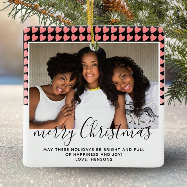 Rosa Heart Mönster God jul Photo Julgransprydnad Keramik (Skapare uppladdad)