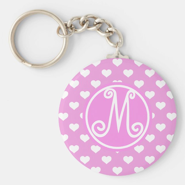 Rosa Heart Mönster Monogramme Nyckelring (Framsidan)