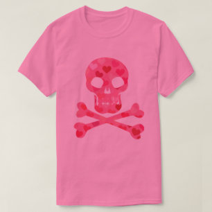 Rosa Heart Mönster Skull och Crossbone T- Shirt T