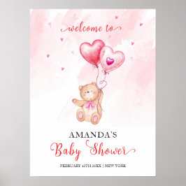 Rosa Heart Nalle Balloon Baby Shower Välkommen Poster