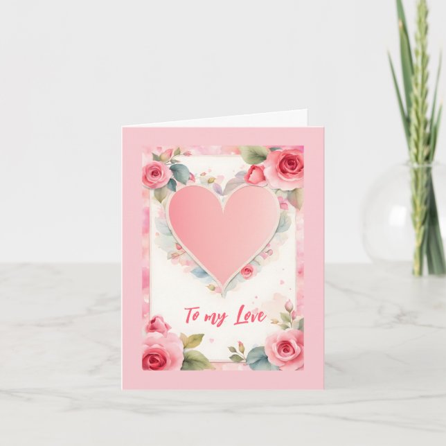 Rosa Heart och Flowers Valentine Helgkort (Framsida)