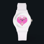 Rosa Heart och Gula blommor Armbandsur<br><div class="desc">Söt, vitt och ljust rosa hjärta med 3 gulter och lila blommor med anpassade exempel namn för att du ska kunna anpassa dig</div>