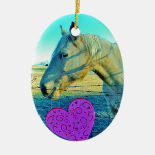 Rosa Heart och Gult Horse Julgransprydnad Keramik