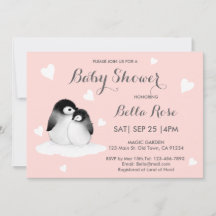 Rosa Heart Penguin Baby Shower-inbjudningar