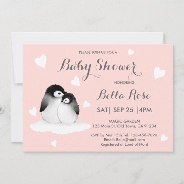  Rosa Heart Penguin Baby Shower-inbjudningar (Framsida)