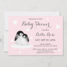 Rosa Heart Penguin Baby Shower-inbjudningar