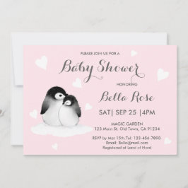 Rosa Heart Penguin Baby Shower-inbjudningar