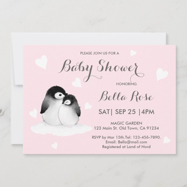 Rosa Heart Penguin Baby Shower-inbjudningar (Framsida)