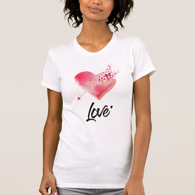 *~* Rosa Heart & Pil Kvinnor Vit vattenfärg T Shirt (Framsida)