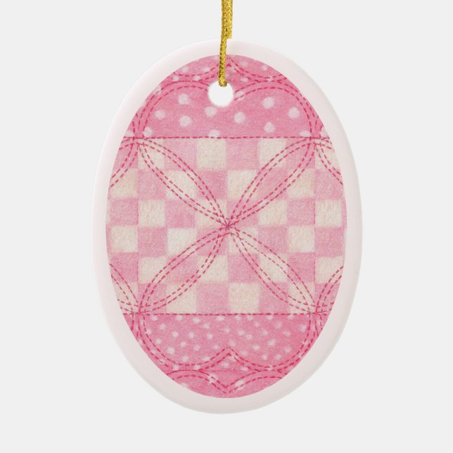 ROSA HEART QUILT Ceramic Oval Ornament/Rosa Julgransprydnad Keramik (Framsidan)