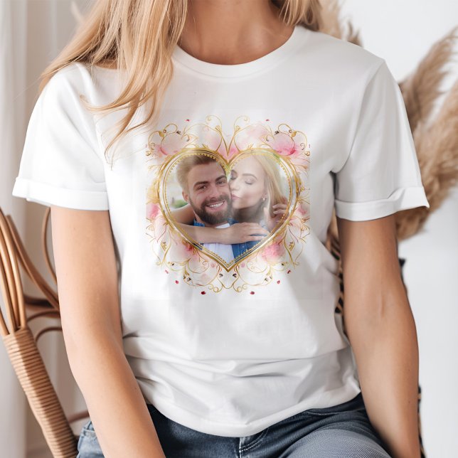 Rosa Heart Shape Photo Ram Valentine Day T Shirt (A young blond woman wearing a Pink Heart Shape Photo Frame Valentine's Day T-Shirt.)