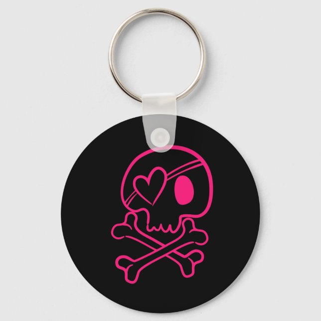 Rosa Heart Skull och Crossbone Button Keychain Nyckelring (Framsida)