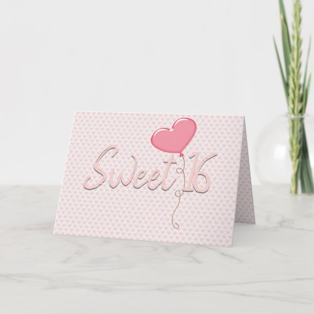 Rosa Heart Sweet 16 Birthday Balloon Kort (Framsida)