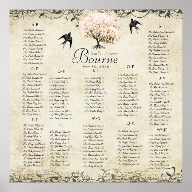 Rosa Heart Träd - 100 till 150 gäster - alfabetisk Poster (Framsidan)