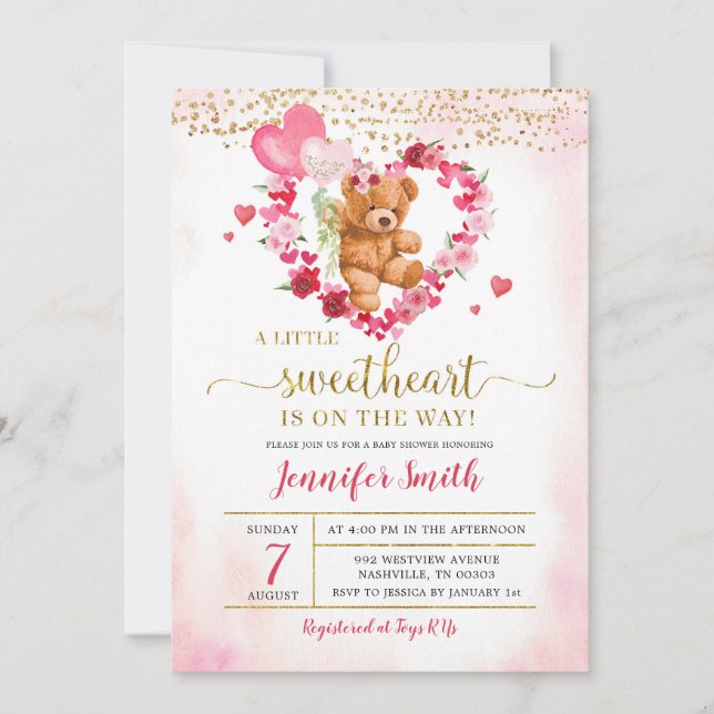 Rosa Heart Valentine Bear Baby Shower-inbjudan Inbjudningar (Framsida)