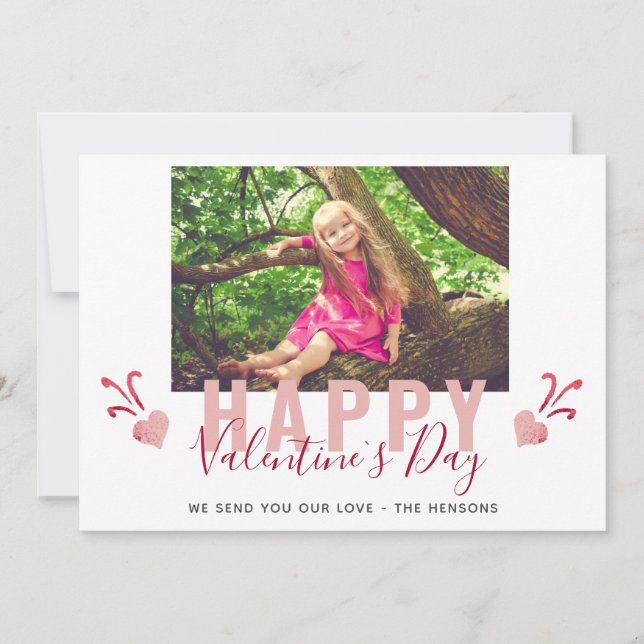 Rosa Heart Valentine's Day Script Family Photo Julkort (Framsida)