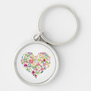 Rosa Heart Watercolor Blommigt Kärlek Elegant Henn Rund Silverfärgad Nyckelring