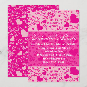 Rosa Hearts and Typography Valentine Day Party Inbjudningar